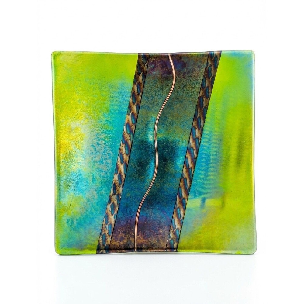 Signed Paula Radke 2006 Studio Art Glass Tray 11.5" Square Dichroic Fused Plate